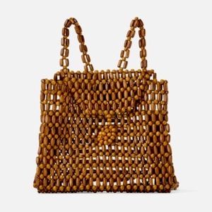 Zara natural wood beaded mini backpack purse bag NWT